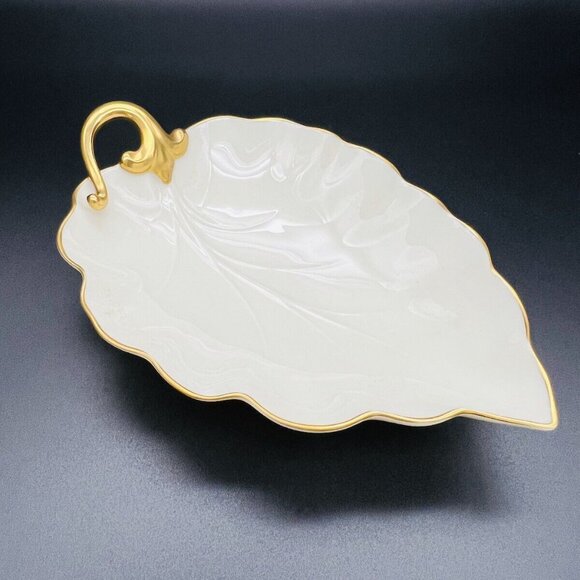 Vintage Lenox Leaf Dish Hand Painted 24K Gold TrimBone China Trinket Candy 7.5” - Picture 2 of 7